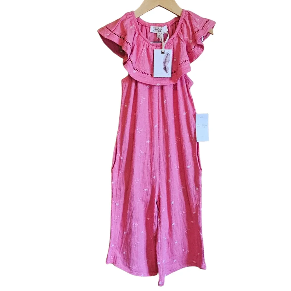 NEW! Jessica Simpson Girls 4 Pink Eyelet Ruffle Wide Leg Jumpsuit NWT Boho
